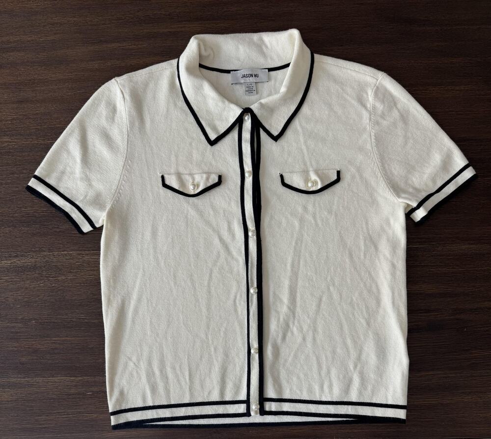 Jason Wu Cardigan Sweater Womens Large Cream Black Trim Short Sleeve Collared